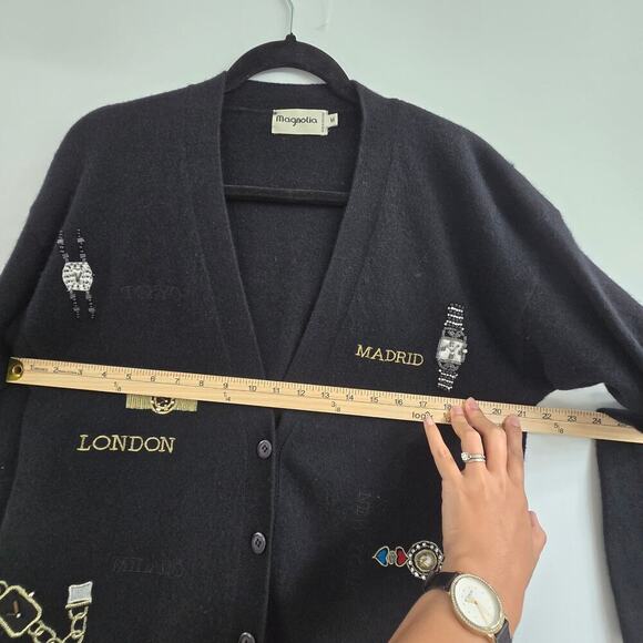 Magnolia Womens Wool Angora Cardigan Sweater M Black Embroidered ArtToWear Money - Picture 12 of 16